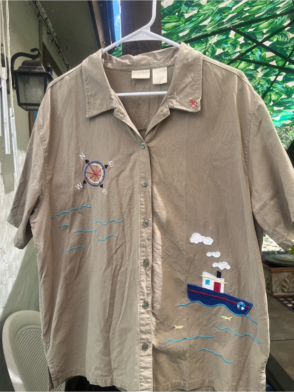 Bobbie Brooks Vintage Coastal Nautical Embroidered Women's Camp Shirt Khaki XL
